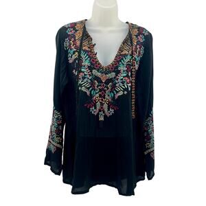 Johnny Was Sheesoh Embroidered Boho Top Medium Black